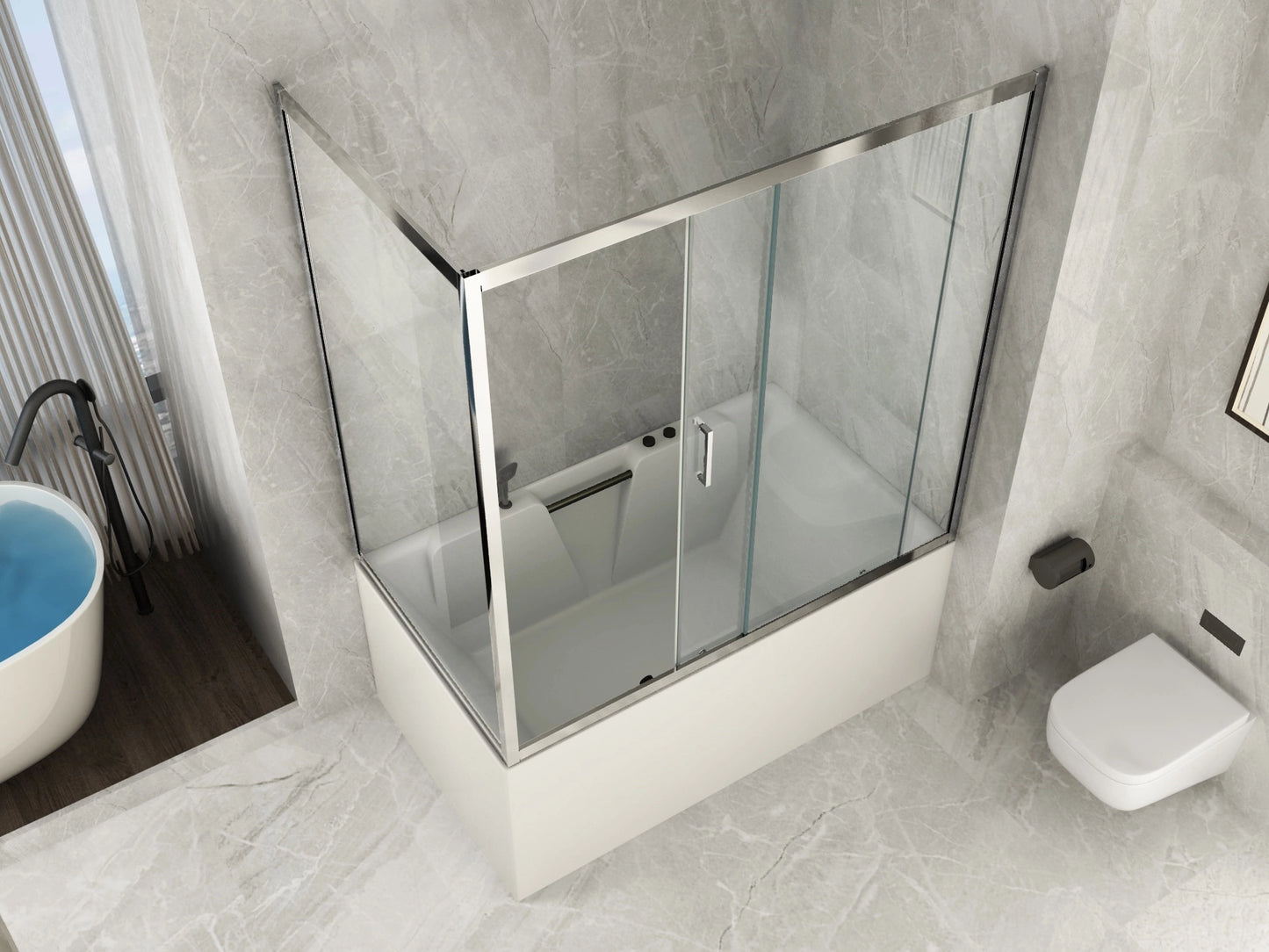 Box Doccia per Vasca a 2 Lati in Vetro Trasparente 6 mm 1 Lato Fisso e 1 Porta Scorrevole