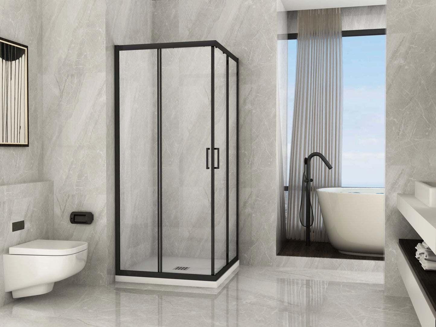 Box Doccia Vetro 6MM Trasparente Apertura Angolare Doppio Scorrevole Telaio Nero Opaco H190